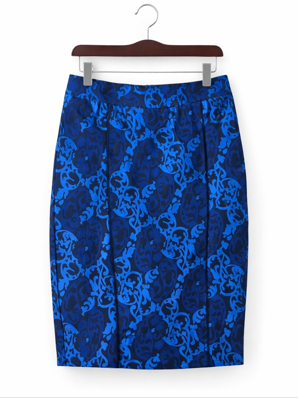Ann Taylor Blue Black Damask Design Tailored Above Knee Pencil Skirt Sz 2